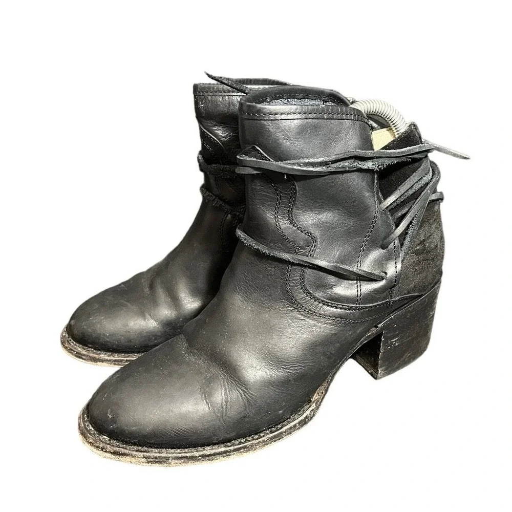 Freebird Casey Lace Up Ankle Boots Size 8 Black Leather Suede Block Heel Western